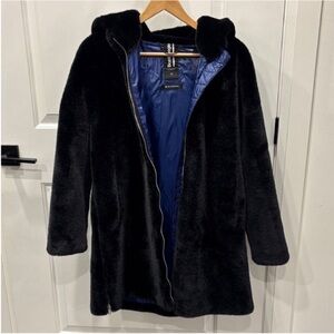 NEW Boombogie Black Faux Fur Coat with Blue Lining and hood